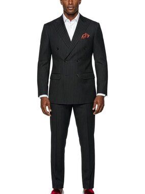 Premium Black Pinstripe Double Breasted Peak Lapel Stacy Adams Men's Suit